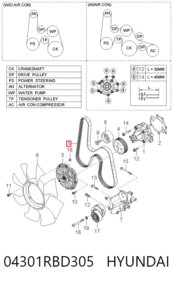 Correa de alternador 04301RBD305 Hyundai/Kia