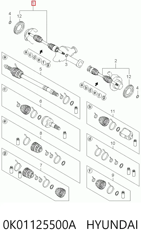 Semieje delantero derecho 0K01125500A Hyundai/Kia