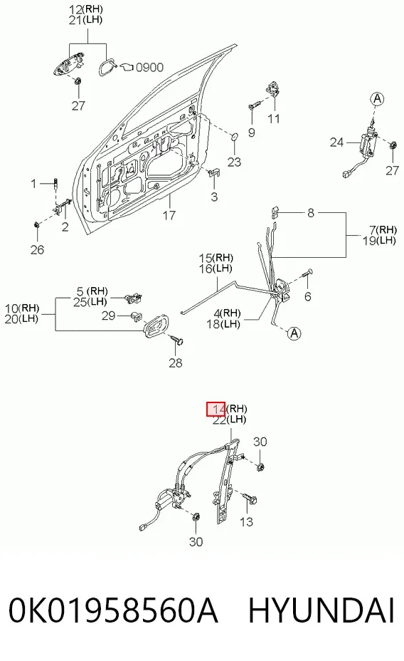 Mecanismo de elevalunas delantero derecha 0K01958560A Hyundai/Kia