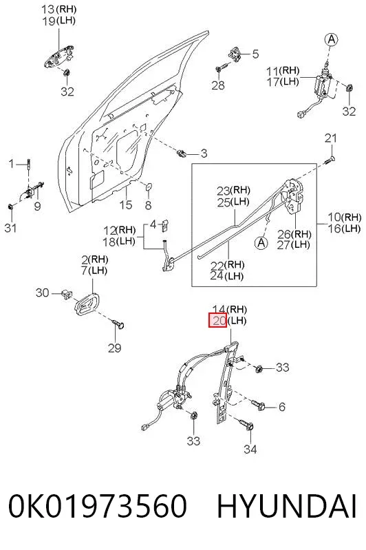 Mecanismo de elevalunas de la puerta trasera izquierda 0K01973560 Hyundai/Kia