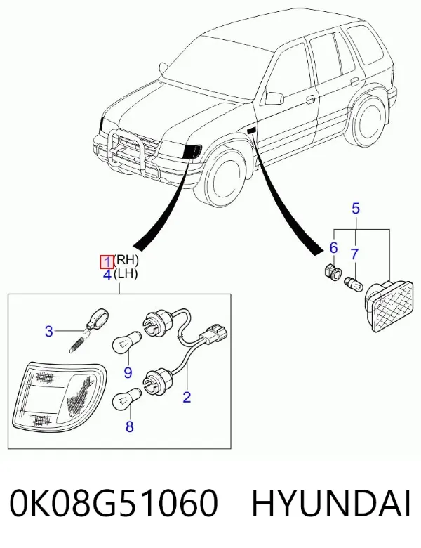 Piloto intermitente derecho 0K08G51060 Hyundai/Kia