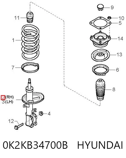 Amortiguador delantero derecho 0K2KB34700B Hyundai/Kia