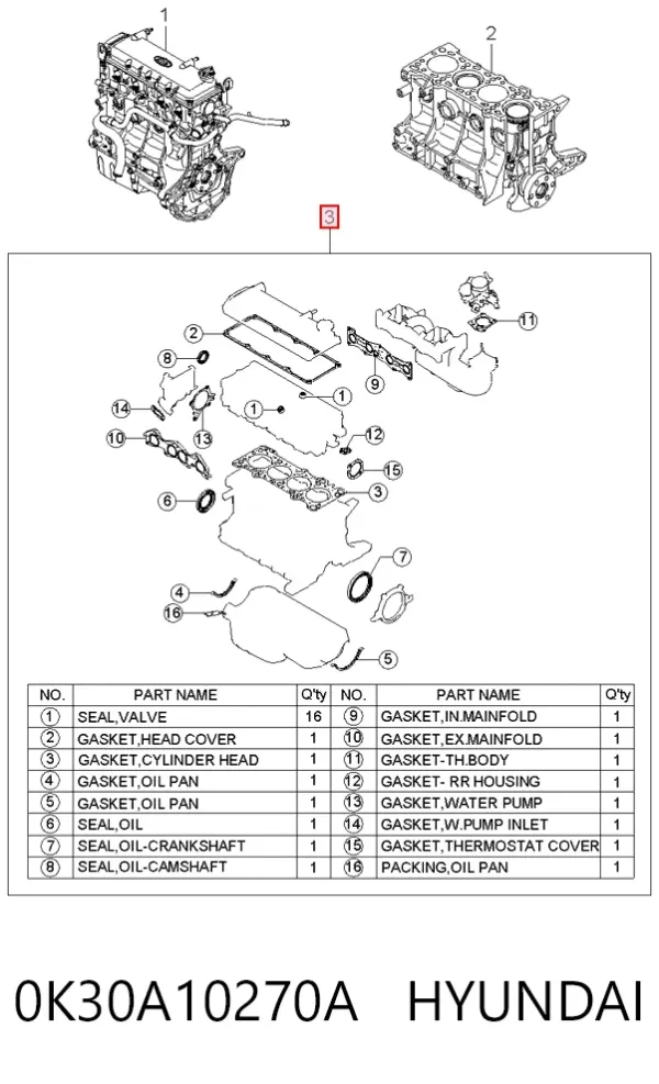 Juego de juntas para motor 0K30A10270A Hyundai/Kia