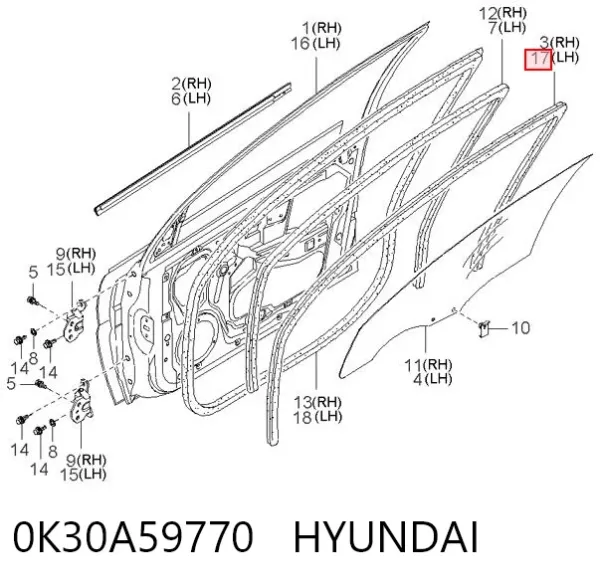 Junta de puerta delantera izquierda (en carrocería) 0K30A59770 Hyundai/Kia
