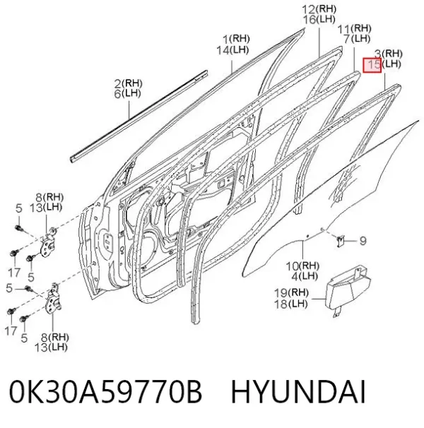 Junta de puerta delantera izquierda (en carrocería) 0K30A59770B Hyundai/Kia
