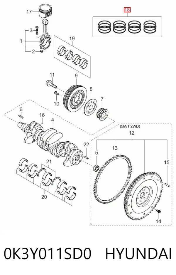 Juego de aros de pistón para motor, sobremedida (+0,25 mm) 0K3Y011SD0 Hyundai/Kia