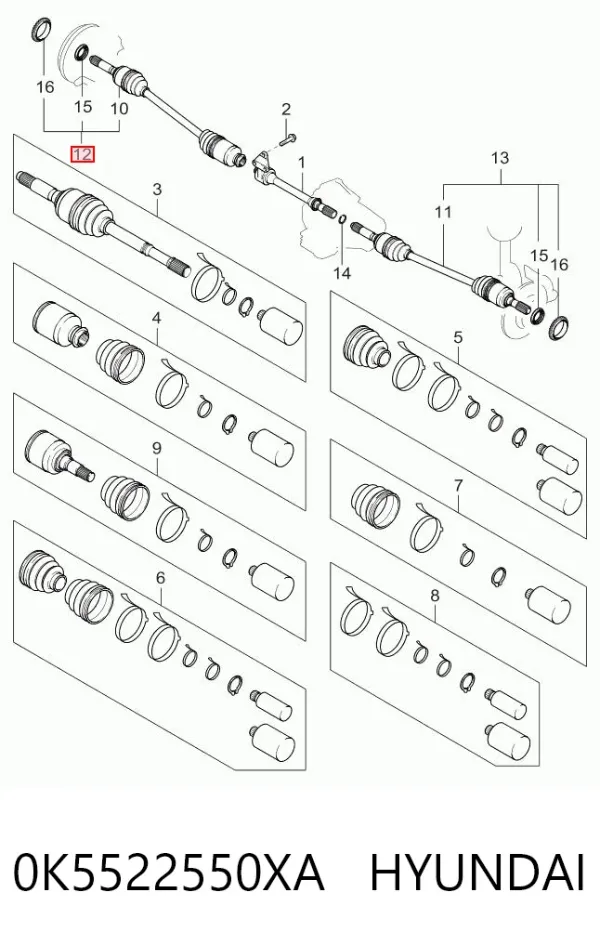 Semieje delantero derecho 0K5522550XA Hyundai/Kia