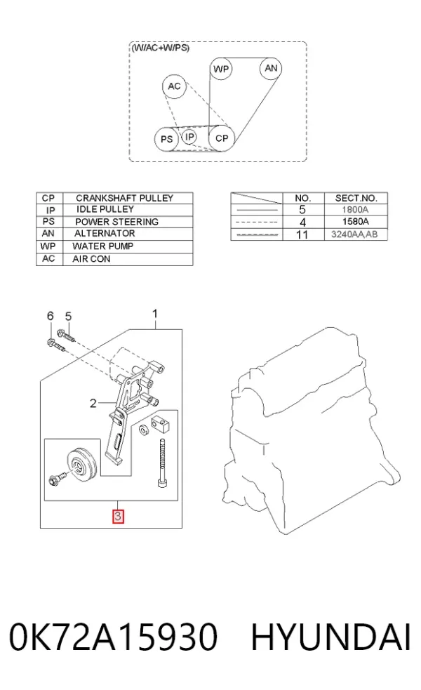 Polea tensora correa poli V 0K72A15930 Hyundai/Kia