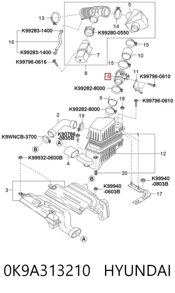 Caudalímetro 0K9A313210 Hyundai/Kia