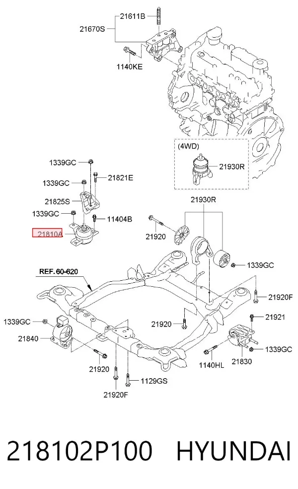 Soporte de motor derecho 218102P100 Hyundai/Kia