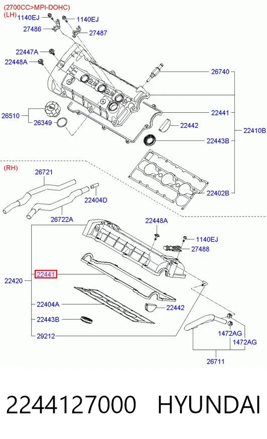 Junta tapa de balancines 2244127000 Hyundai/Kia