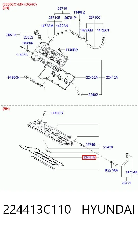 Junta de tapa de válvulas derecha 224413C110 Hyundai/Kia
