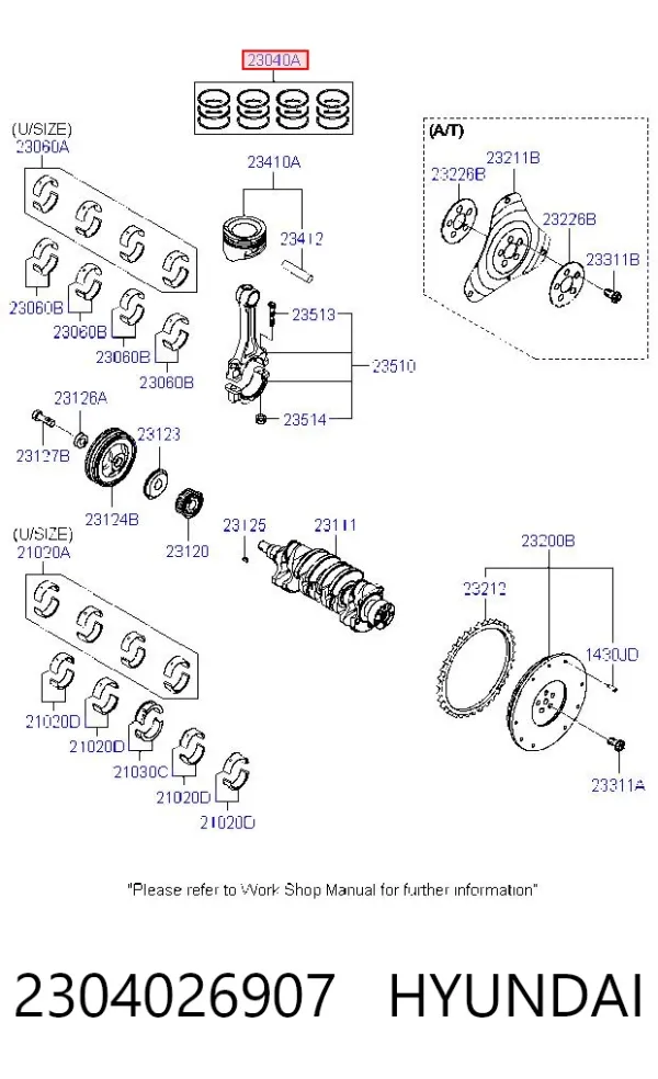 Juego de aros de pistón para motor, sobremedida (+0,50 mm) 2304026907 Hyundai/Kia
