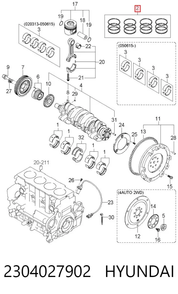 Juego de aros de pistón para motor, sobremedida (+0,50 mm) 2304027902 Hyundai/Kia