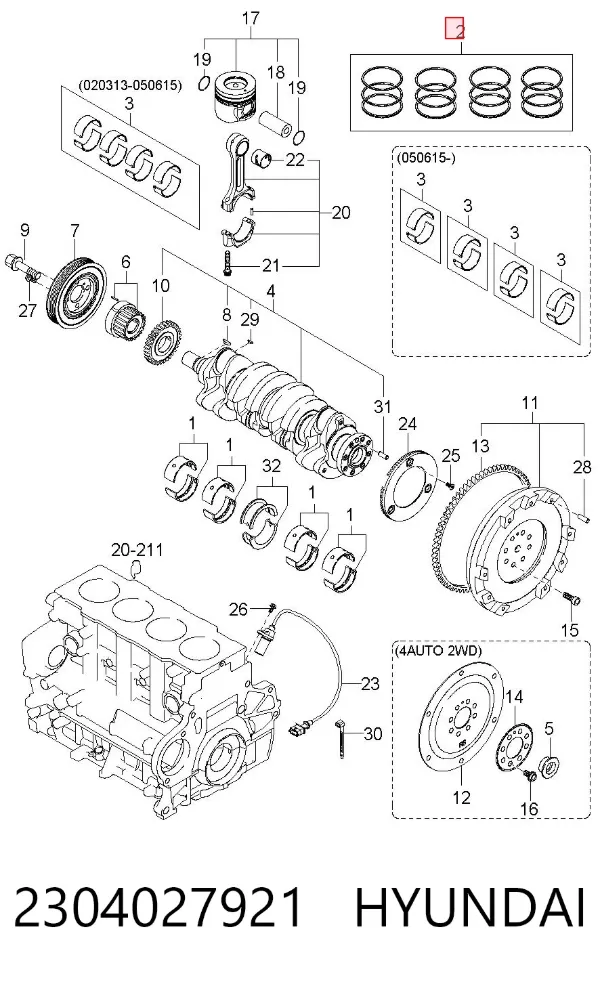 Juego de aros de pistón para motor, sobremedida (+0,25 mm) 2304027921 Hyundai/Kia