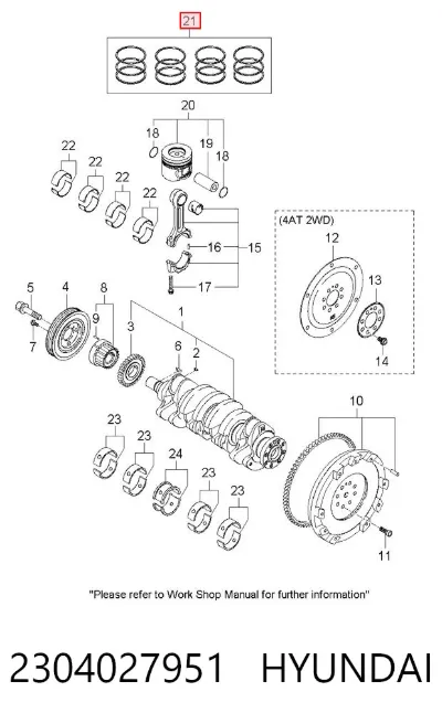 Juego de aros de pistón para motor, sobremedida (+0,25 mm) HYUNDAI 2304027951