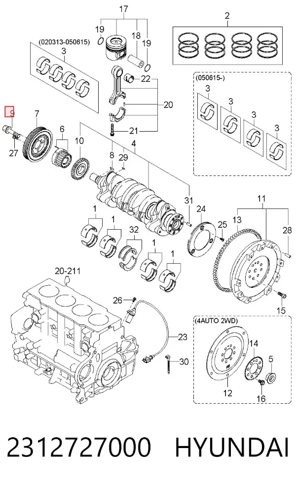 Perno de la polea del cigüeñal 2312727000 Hyundai/Kia