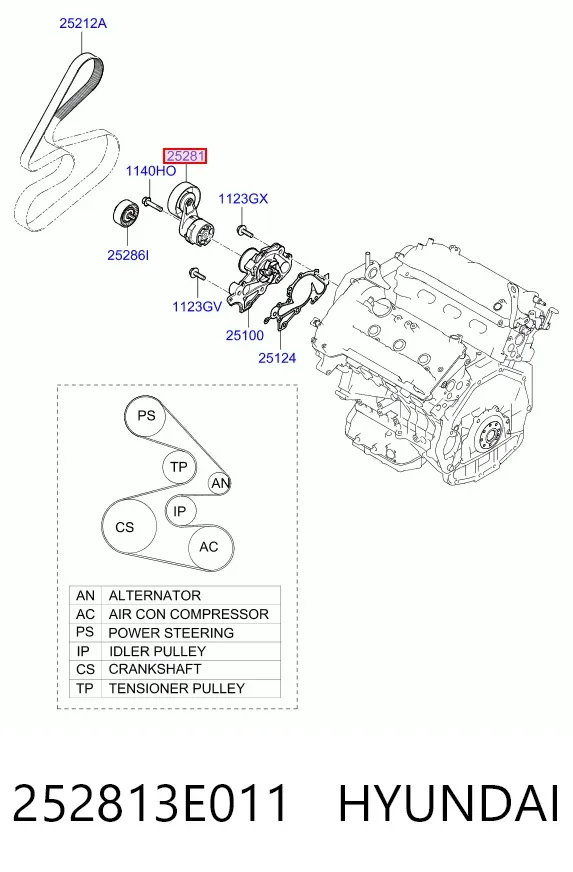 Tensor de correa poli V 252813E011 Hyundai/Kia