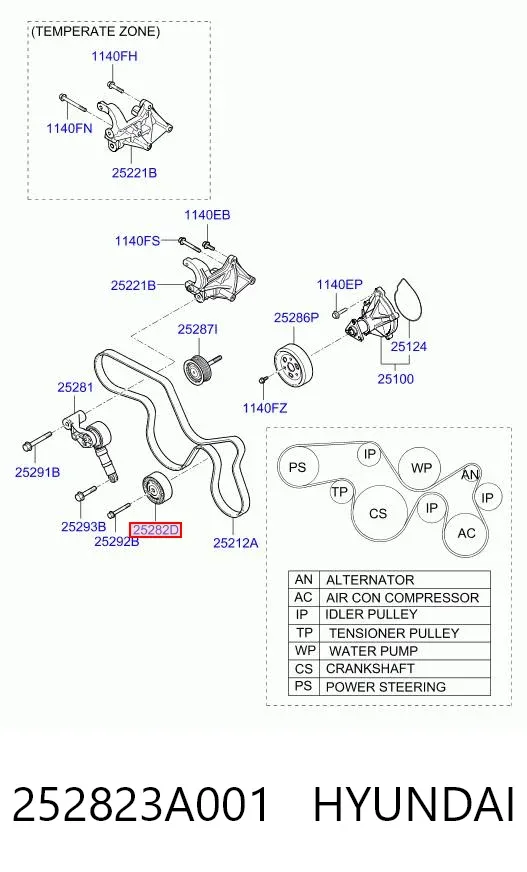 Polea inversión / guía, correa poli V 252823A001 Hyundai/Kia