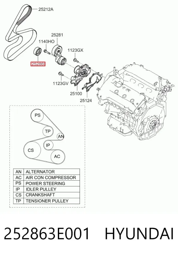 Polea inversión / guía, correa poli V 252863E001 Hyundai/Kia