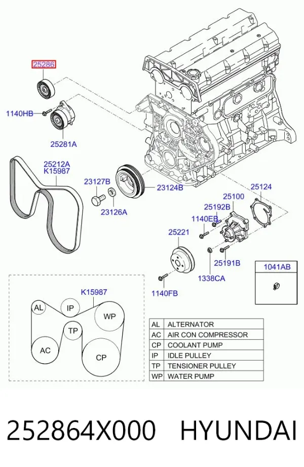 Polea inversión / guía, correa poli V 252864X000 Hyundai/Kia