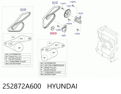 Polea tensora auxiliar de la correa poly V HYUNDAI 252872A600