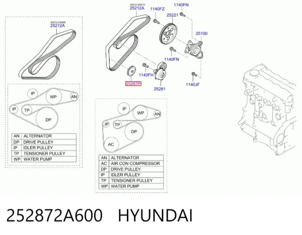 Polea inversión / guía, correa poli V 252872A600 Hyundai/Kia