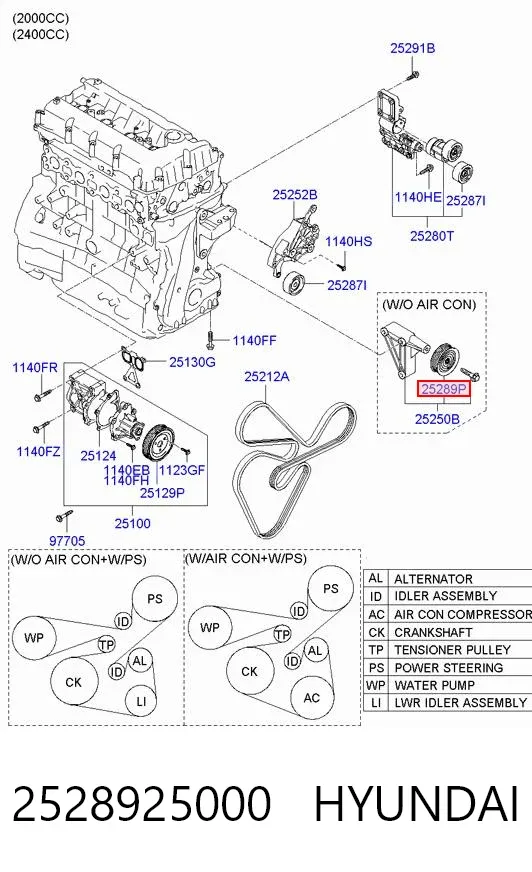 Polea inversión / guía, correa poli V 2528925000 Hyundai/Kia