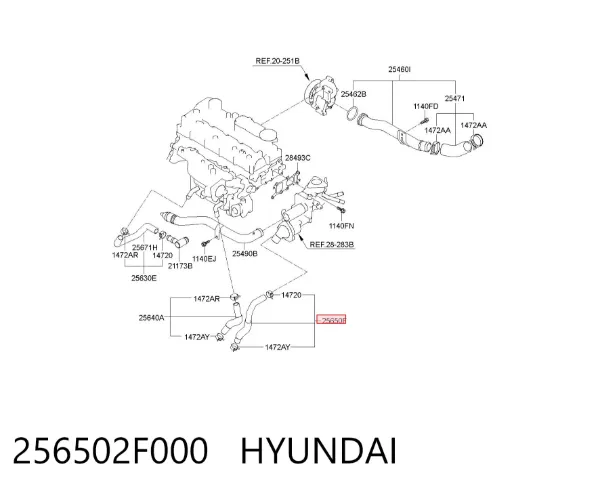 Manguera de retorno de refrigerante del turbocompresor 256502F000 Hyundai/Kia