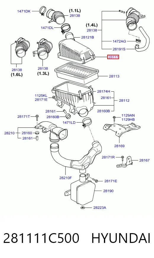 Carcasa del filtro de aire, parte superior 281111C500 Hyundai/Kia