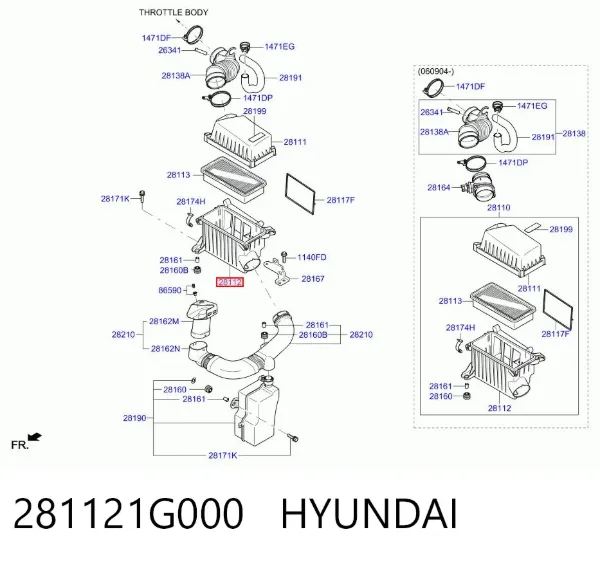 Caja del filtro de aire, parte inferior 281121G000 Hyundai/Kia