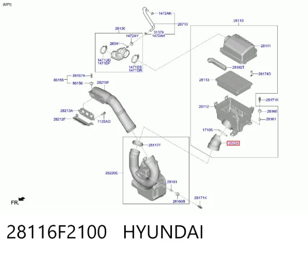 Conducto de aire, salida del filtro de aire 28116F2100 Hyundai/Kia