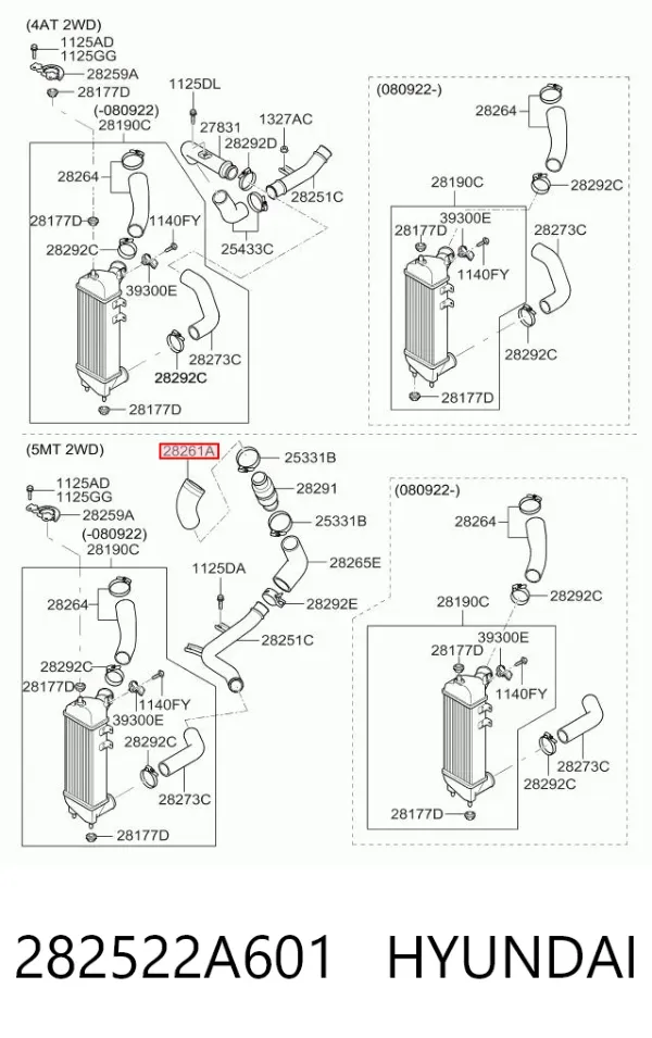 Tubo de salida de aire del turbocompresor 282522A601 Hyundai/Kia