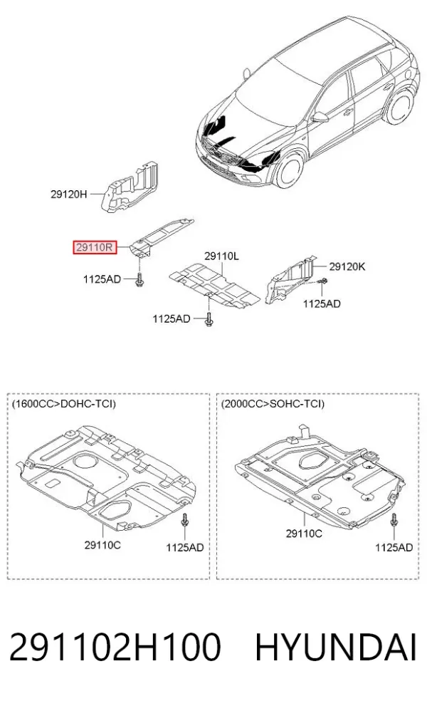 Protección derecha del motor 291102H100 Hyundai/Kia
