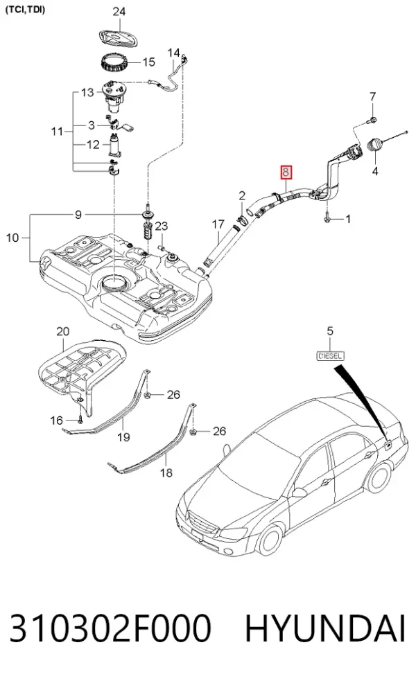 Boca de llenado del depósito de combustible 310302F000 Hyundai/Kia