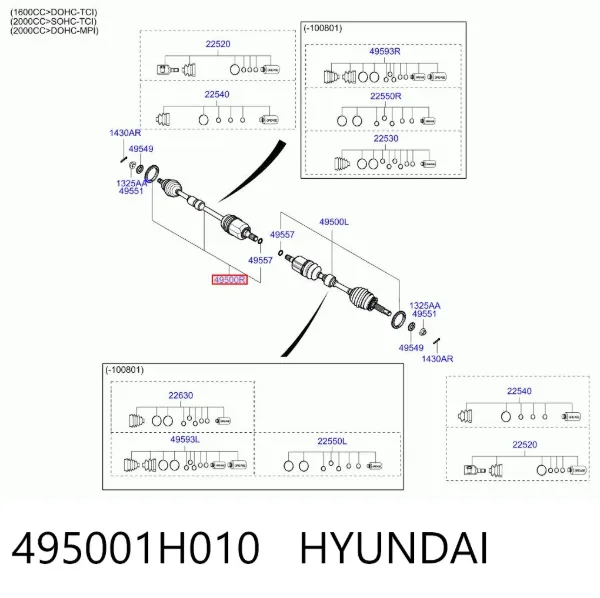 Semieje delantero derecho 495001H010 Hyundai/Kia