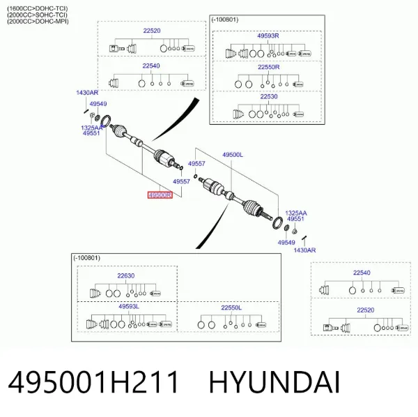 Semieje delantero derecho 495001H211 Hyundai/Kia