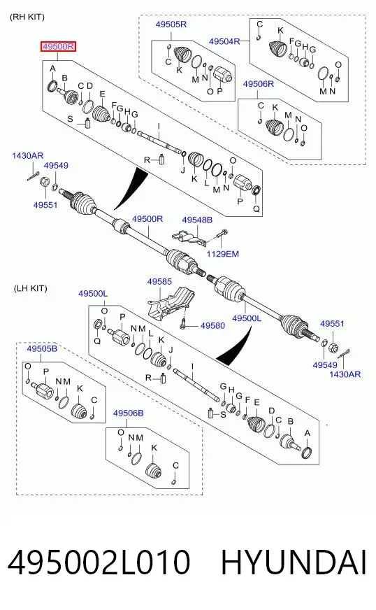 Semieje delantero derecho 495002L010 Hyundai/Kia