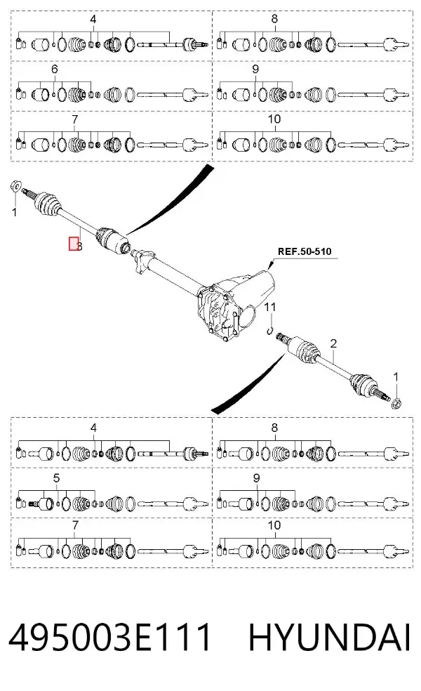 Semieje delantero derecho 495003E111 Hyundai/Kia