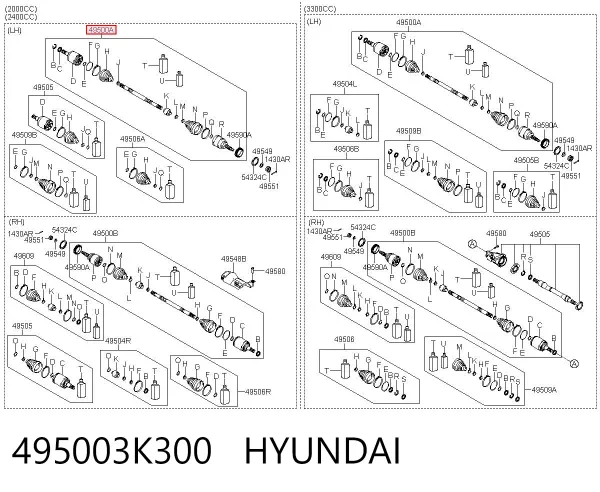 Semieje delantero izquierdo 495003K300 Hyundai/Kia