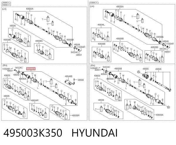 Semieje delantero derecho 495003K350 Hyundai/Kia