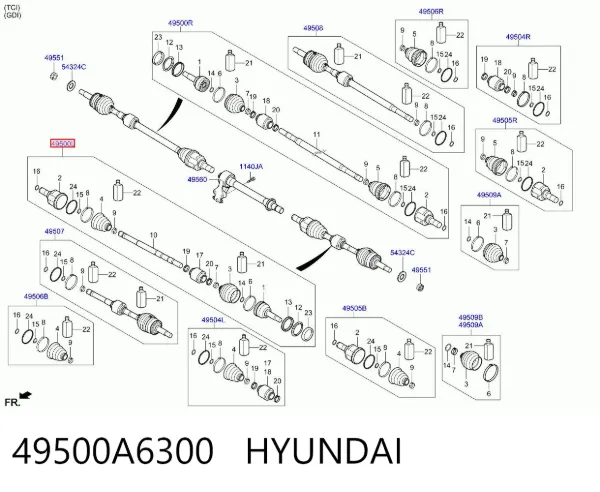 Semieje delantero izquierdo 49500A6300 Hyundai/Kia