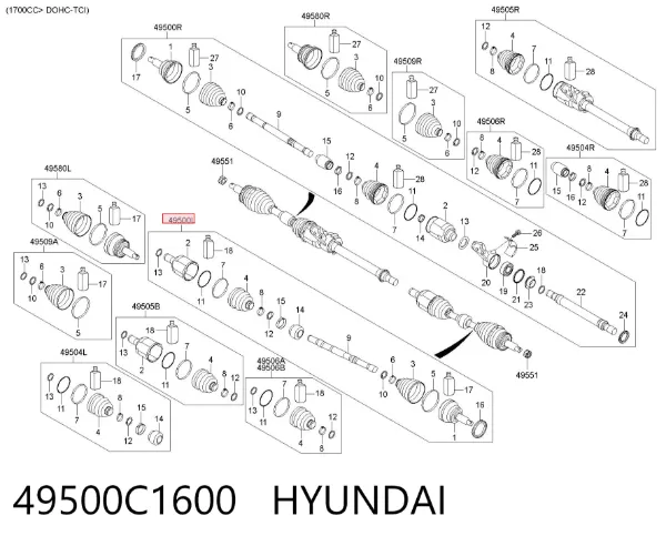 Semieje delantero izquierdo 49500C1600 Hyundai/Kia