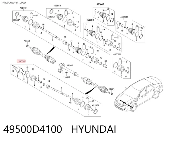 Semieje delantero izquierdo 49500D4100 Hyundai/Kia
