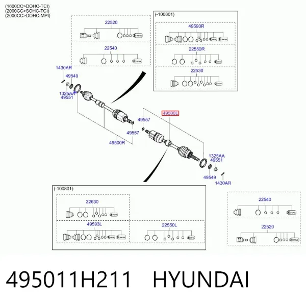 Semieje delantero izquierdo 495011H211 Hyundai/Kia