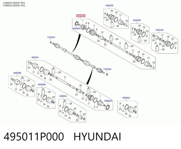 Semieje delantero izquierdo 495011P000 Hyundai/Kia
