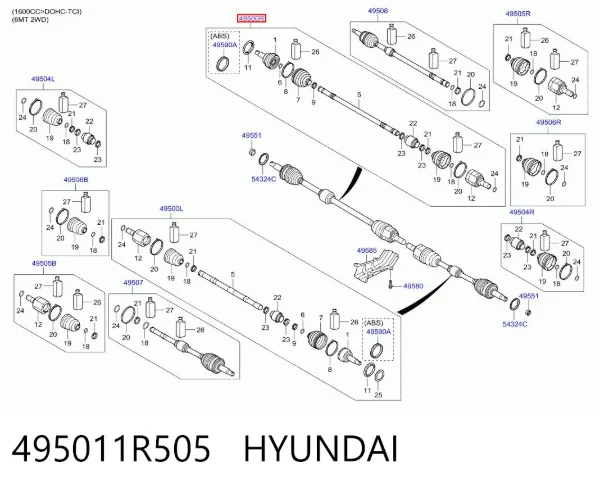 Semieje delantero derecho 495011R505 Hyundai/Kia