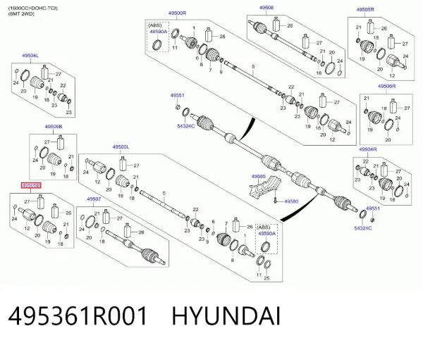 Junta homocinética interna delantera izquierda 495361R001 Hyundai/Kia