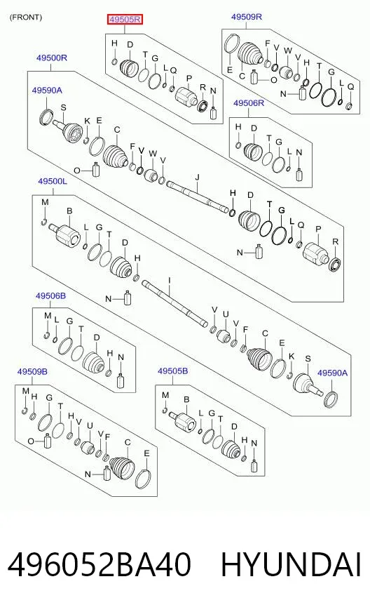 Junta homocinética interna delantera derecha 496052BA40 Hyundai/Kia