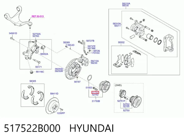 Espárrago de rueda trasero/delantero 517522B000 Hyundai/Kia